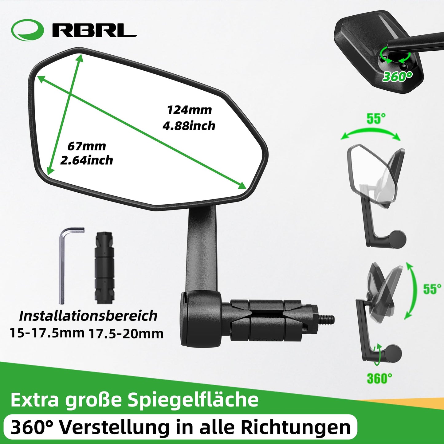 RBRL Bike Mirror: Oversized rear mirror that is not easily blocked, shatterproof and durable, 360° adjustable for e-bikes (left+right)