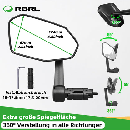 RBRL Bike Mirror: Oversized rear mirror that is not easily blocked, shatterproof and durable, 360° adjustable for e-bikes (left+right)