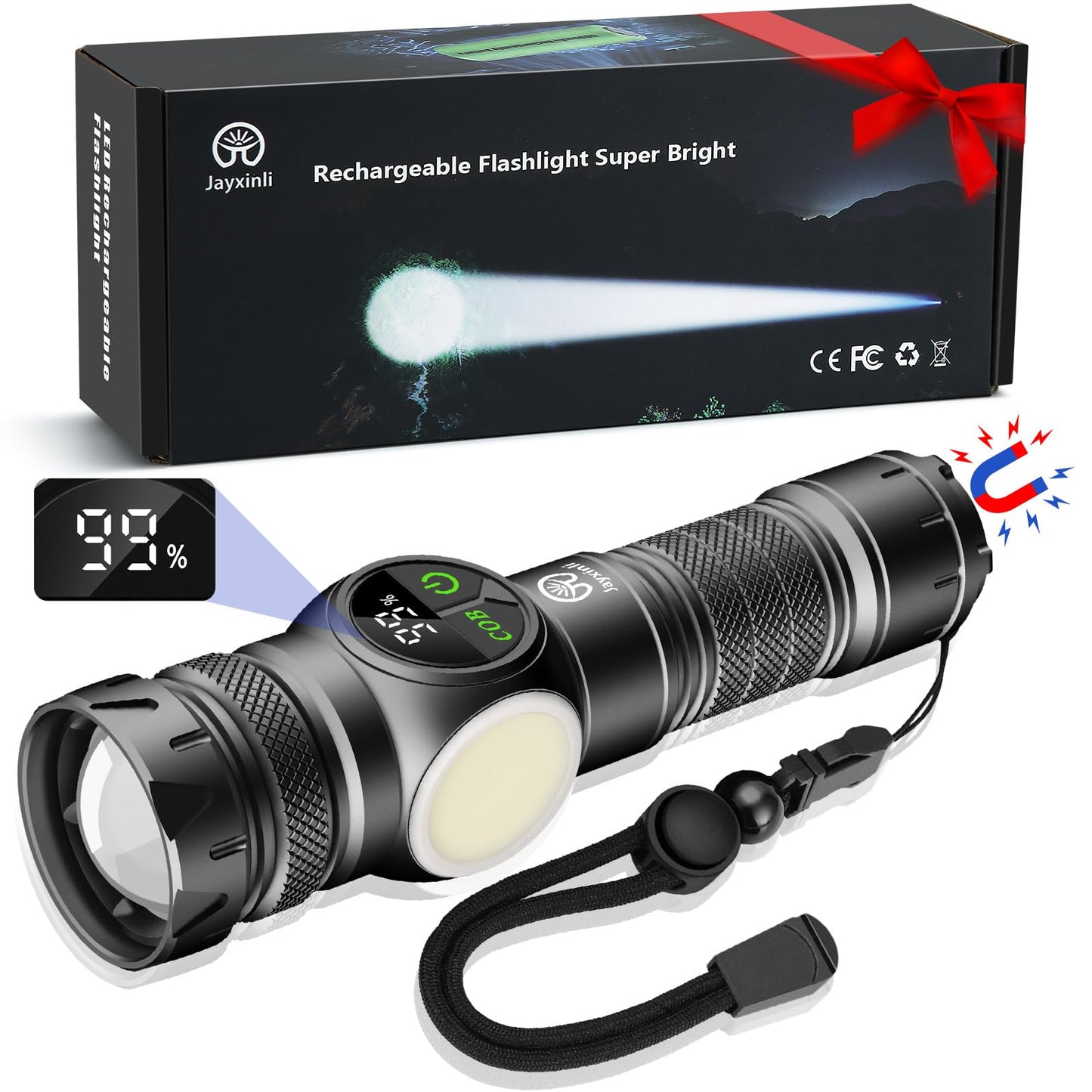 Jayxinli flashlight LED rechargeable 1000000 lumens with magnet, extremely bright flashlights with 5000mAh battery, LCD power display, 9 lighting modes, zoom, strong for camping, hiking, outdoor, emergencies.