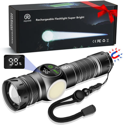 Jayxinli flashlight LED rechargeable 1000000 lumens with magnet, extremely bright flashlights with 5000mAh battery, LCD power display, 9 lighting modes, zoom, strong for camping, hiking, outdoor, emergencies.