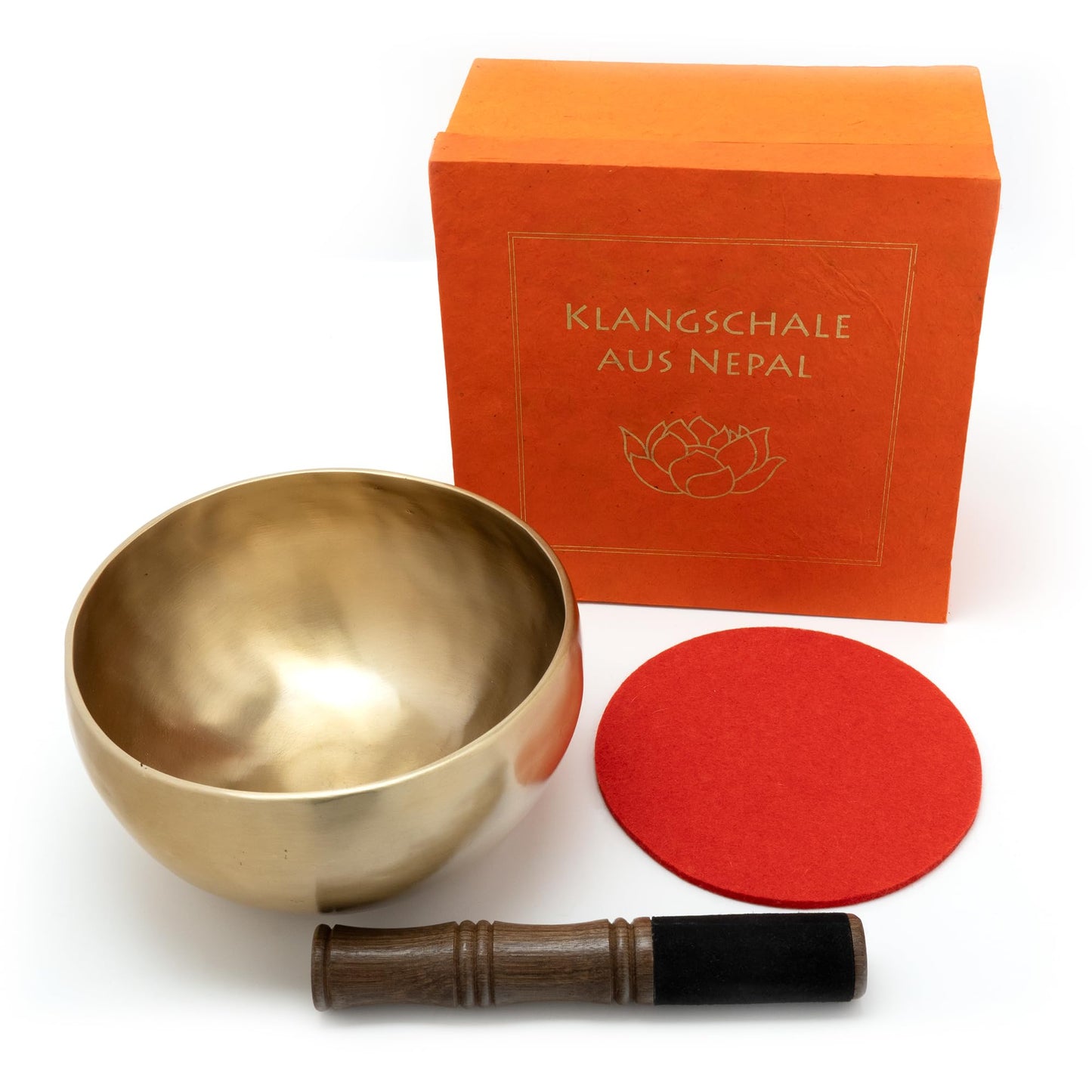 Hand-crafted singing bowl set with felt pad and wooden mallet, presented in a gift box with lotus design -5095-A-