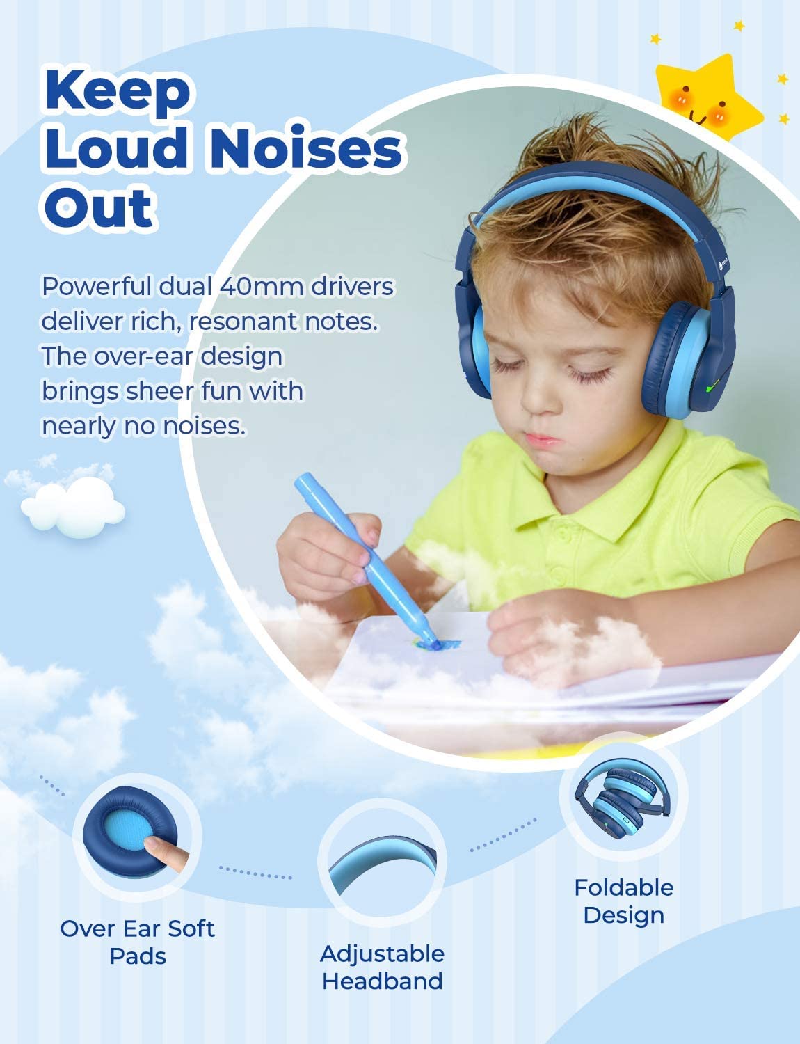iClever Bluetooth Kids Headphones, Colorful LED Lights, Over-Ear Kids Headphones with 74/85dBA Volume Limitation, 85 Hours Playtime, Bluetooth 5.2, Built-in Microphone BTH12