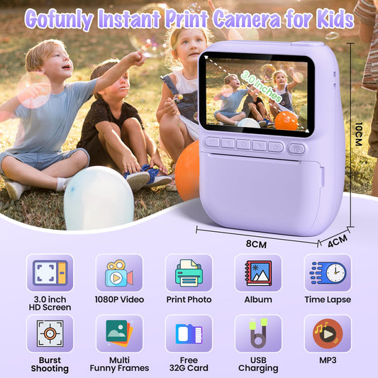Gofunly Instant Camera for Kids, 3.0-inch Screen Kids Camera with 32GB Card & Print Paper, 14MP/1080P Kids Instant Print Camera, Gift for 3-12 Years Old (Violet)