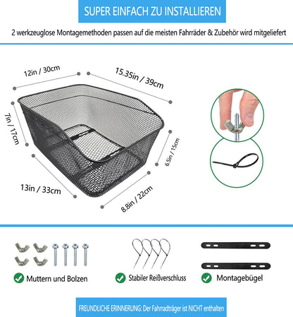BINOTHINK Rear Bike Basket, Metal Large Bicycle Basket Stable Rear, Bike Rear Rack Basket with Mounting Accessories for Small Dog Shopping Picnic Backpack (S2)
