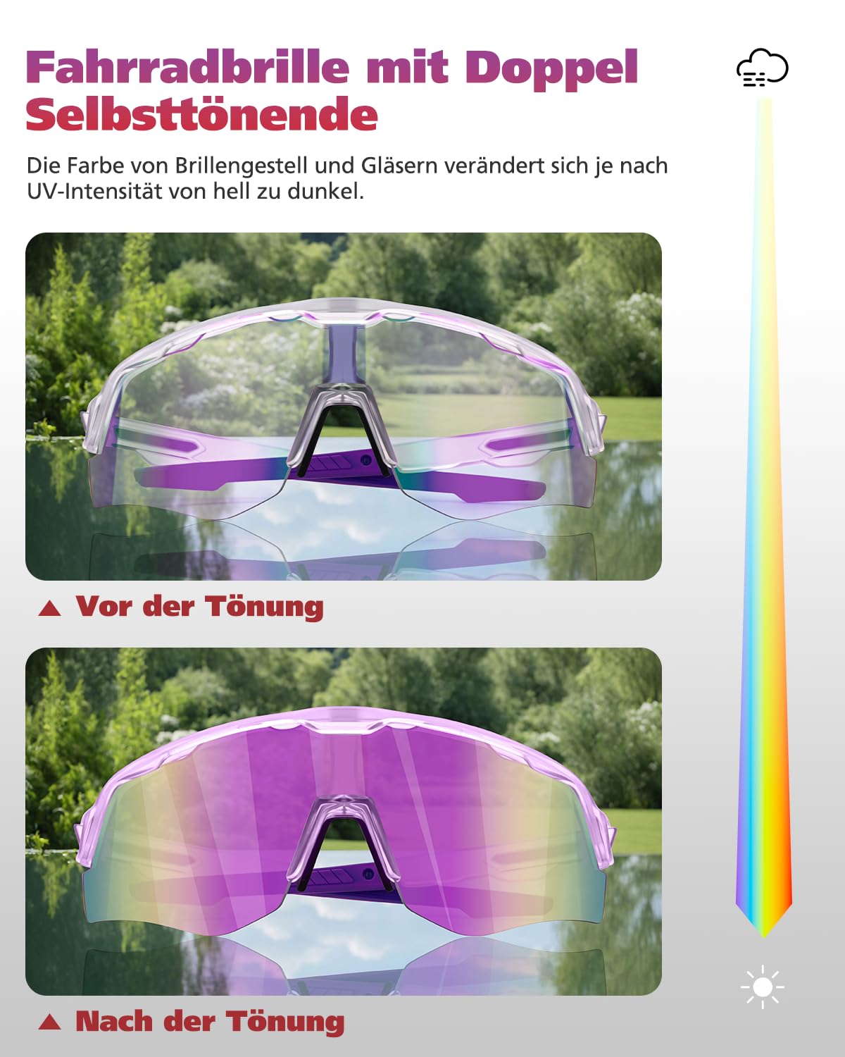 Winyoher Self-Tinting Bike Glasses for Women, Photochromic Frame, Fast Sports Sunglasses for Men, UV400 Running Glasses for Beach Volleyball, Cycling - Purple
