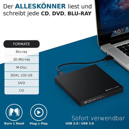 techPulse120 USB 3.0 3D External Blu-Ray Burner Burner M-Disc BDXL Superdrive Blu-ray Rom Drive BD DVD CD Slim for Computer PC Notebook Ultrabook Windows MacOS Apple iMac MacBook Pro Air Black
