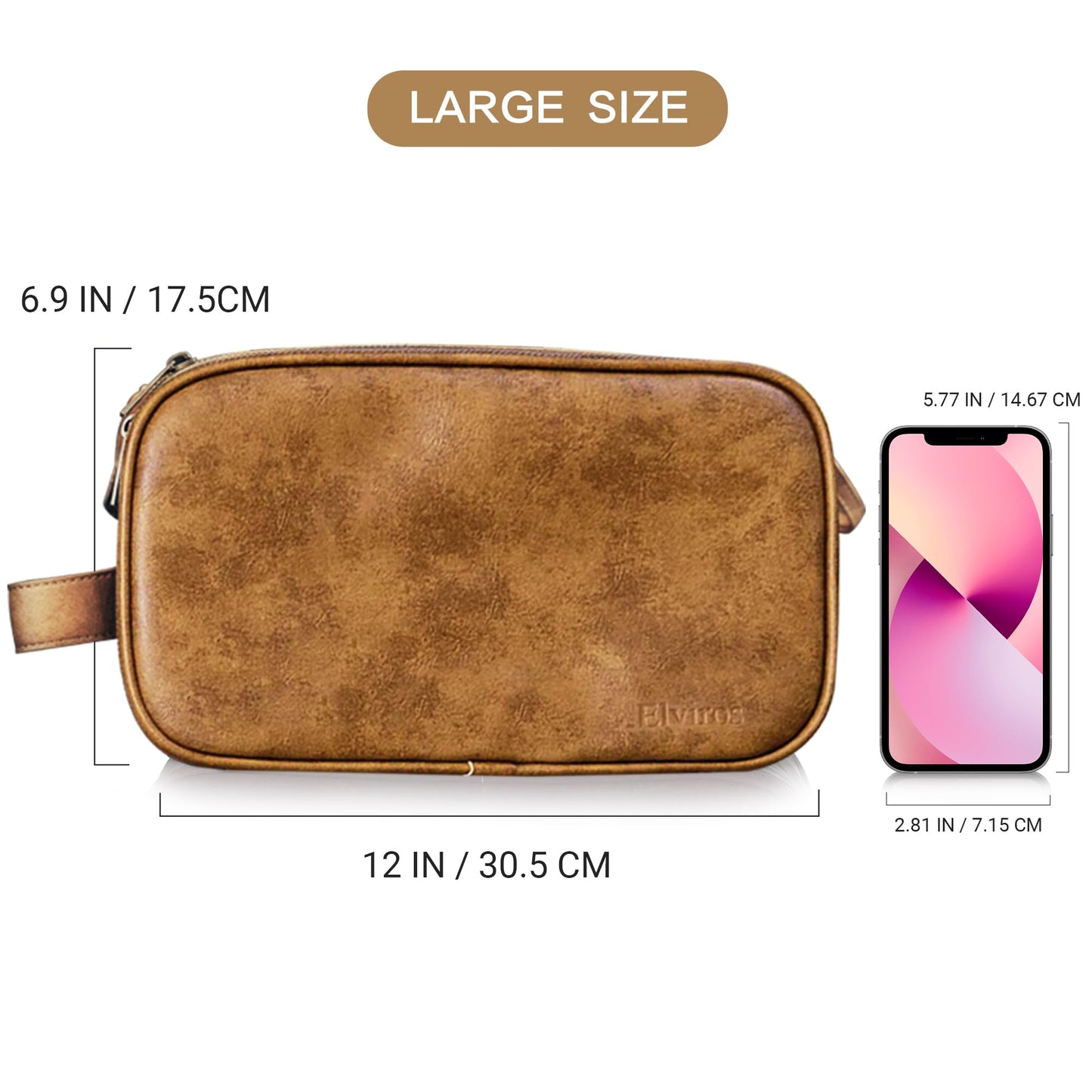 Elviros Men's Toiletry Bag, PU Leather Waterproof Travel Large Opening Toiletry Bag, Suitable for Travel, Business Trip, Gym, Bathroom, Khaki, Size: L