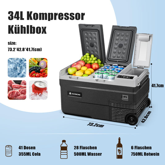 AAOBOSI Compressor Cooler Box 34L, Car Cooler 2 in 1 Dual Zone up to -20°C, Portable 12v 230v with Digital Temperature Control, App Control, Anti-Shake, for Camping, Truck, Boat, RV