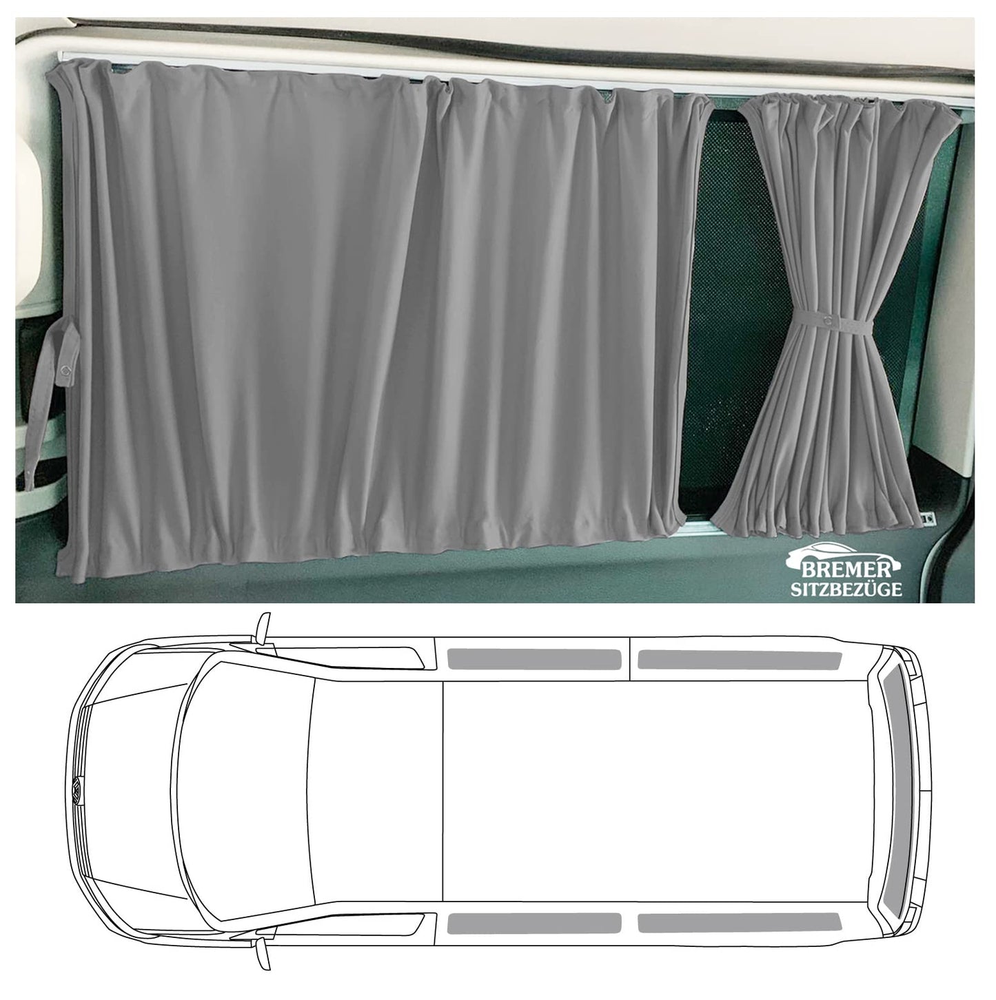 BREMER SEAT COVERS custom made curtains curtains sun protection compatible with VW T5 T6 T6.1 Transporter Caravelle long wheelbase with tailgate in grey camping accessories motorhome accessories camper curtain set 718