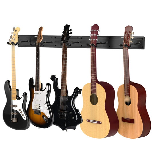 LEKATO Wall Mount Guitar Hanger Bass Holder E-Guitar Stand for Holding 5 Gutiars & Bass Aluminum Lamella Wall Rail System Metal Guitar Rack Sewing Design