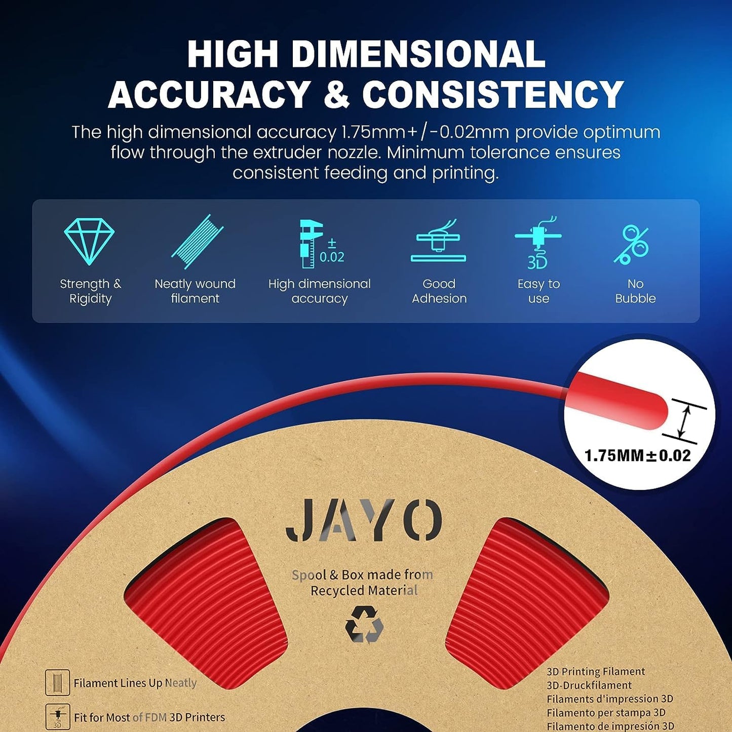 JAYO PLA+ Filament 1.75mm, PLA Plus 3D Printer Filament 1.1kg Spools, Dimensional Accuracy +/- 0.02, Transparent Blue PLA+