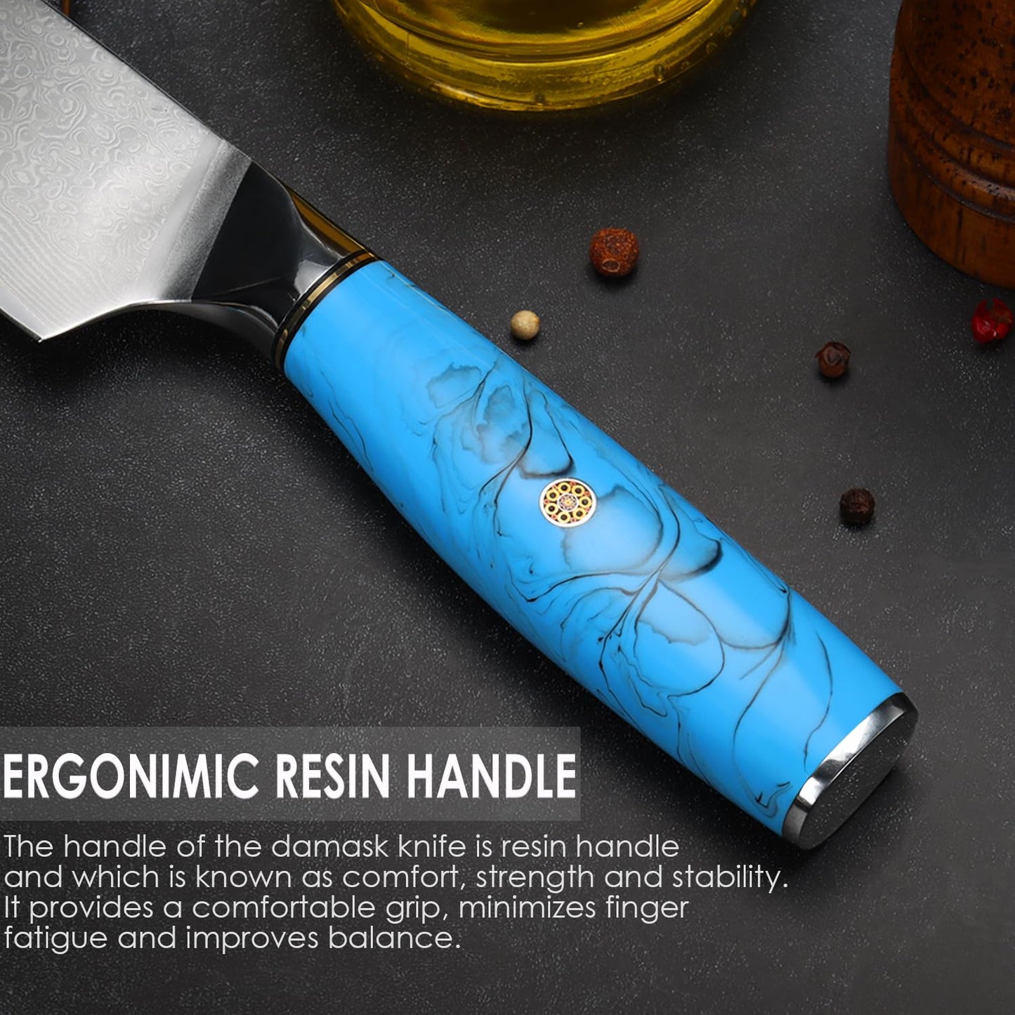 Home Safety Damascus Knife Set, 3PC Damascus Chef Knife Set Santoku Knife Set made of 67 layers Vg-10 Damascus steel, Professional Damascus Kitchen Knife Set with Ergonomic Resin Handle, Gift Box