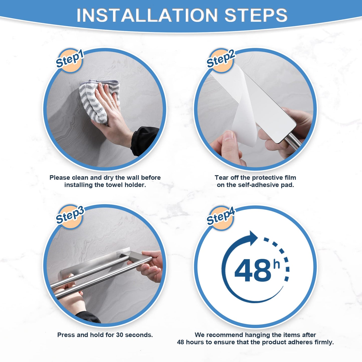 Dvocel towel holder without drilling Double 304 stainless steel towel bar Two-armed Self-adhesive guest towel holder Wall-mounted for bathroom kitchen