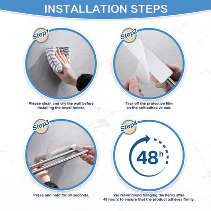 Dvocel towel holder without drilling Double 304 stainless steel towel bar Two-armed Self-adhesive guest towel holder Wall-mounted for bathroom kitchen