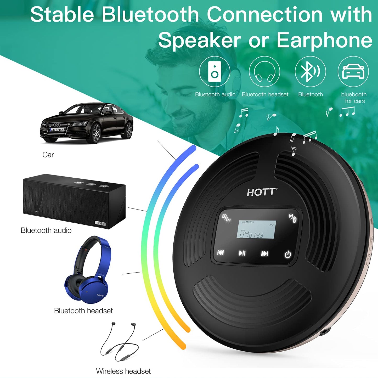 HOTT CD903TF portable rechargeable CD Player with Bluetooth and FM transmitter, suitable for travel, home, and car use. Includes stereo headset and anti-shock function. (black)