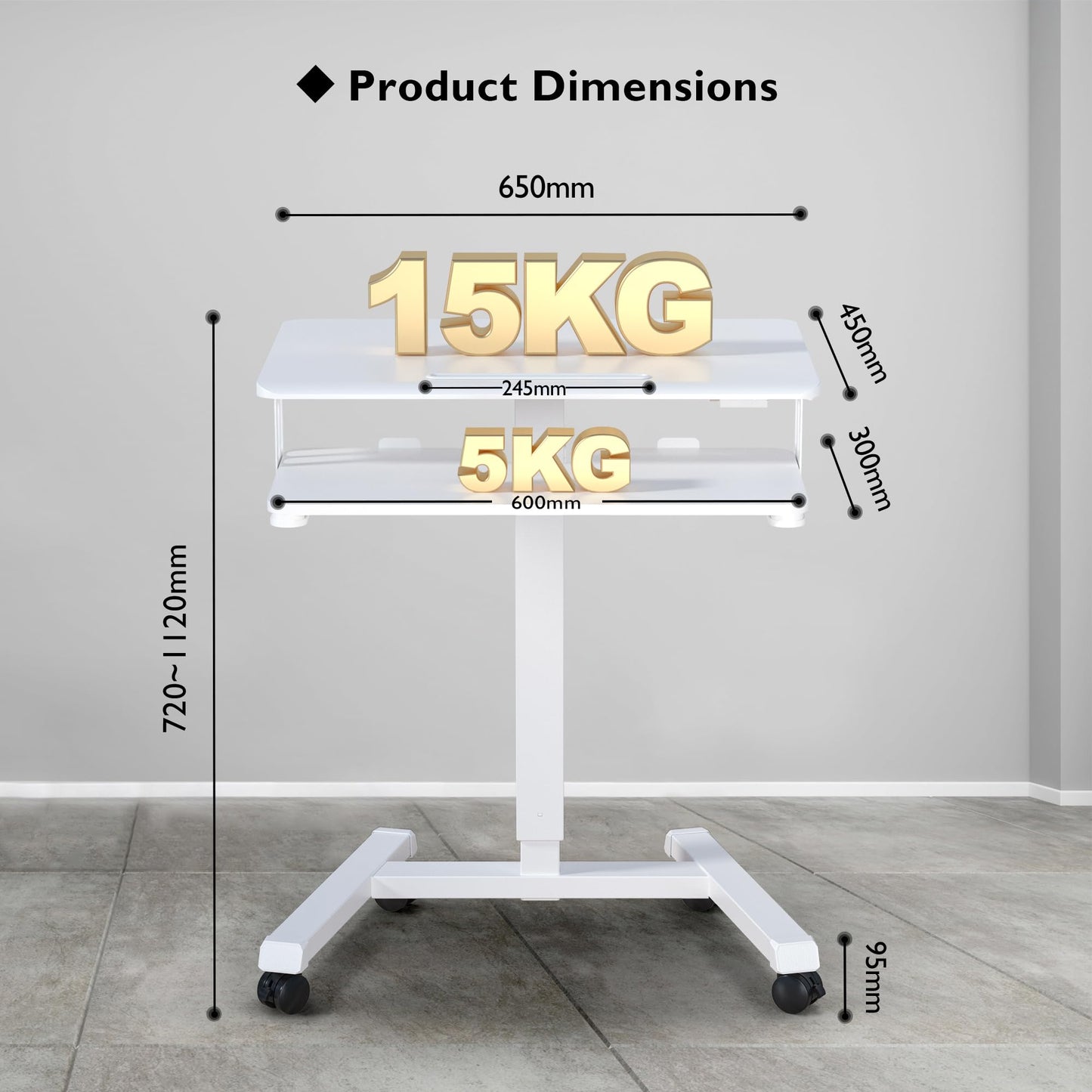 BONTEC Height Adjustable Desk with Keyboard Tray, Mobile Podium, Computer Workstation up to 15 kg, Laptop Sitting or Standing Desk on Wheels, Adjustable Standing Desk, White.