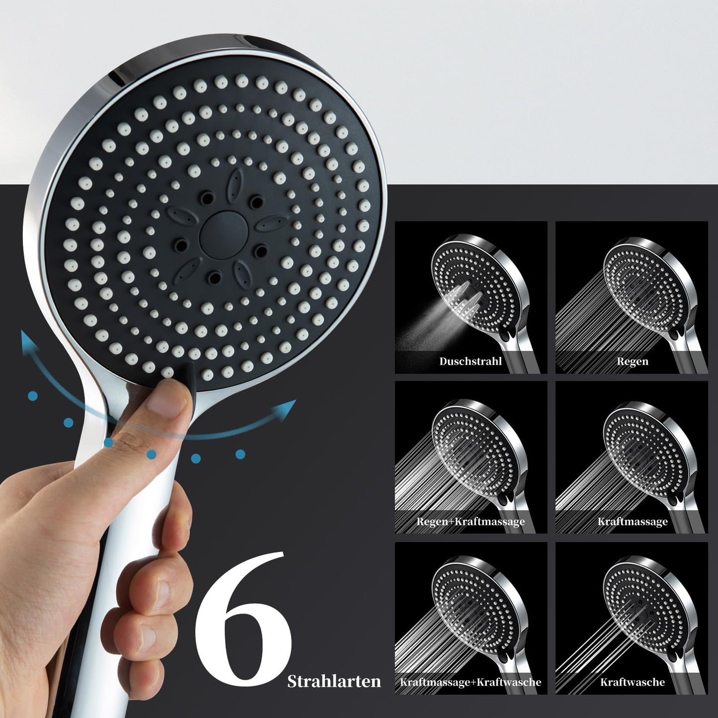 OFFO shower head with 1.6m hose, shower head with twist protection, large shower head with 6 spray modes, water-saving, chrome shower hose with head for bathing.
