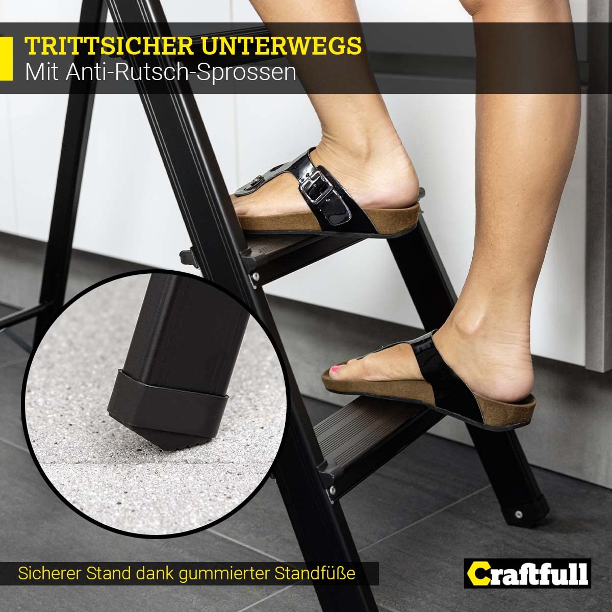 CRAFTFULL Step ladder CF-133A | 3-STEP VARIANT - 2-6 step ladder - Folding step stool - Stair ladder - Folding ladder - Household ladder - Standing ladder (6 steps Black Edition)
