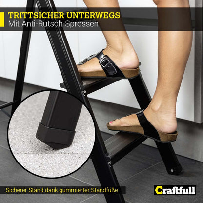 CRAFTFULL Step ladder CF-133A | 3-STEP VARIANT - 2-6 step ladder - Folding step stool - Stair ladder - Folding ladder - Household ladder - Standing ladder (6 steps Black Edition)