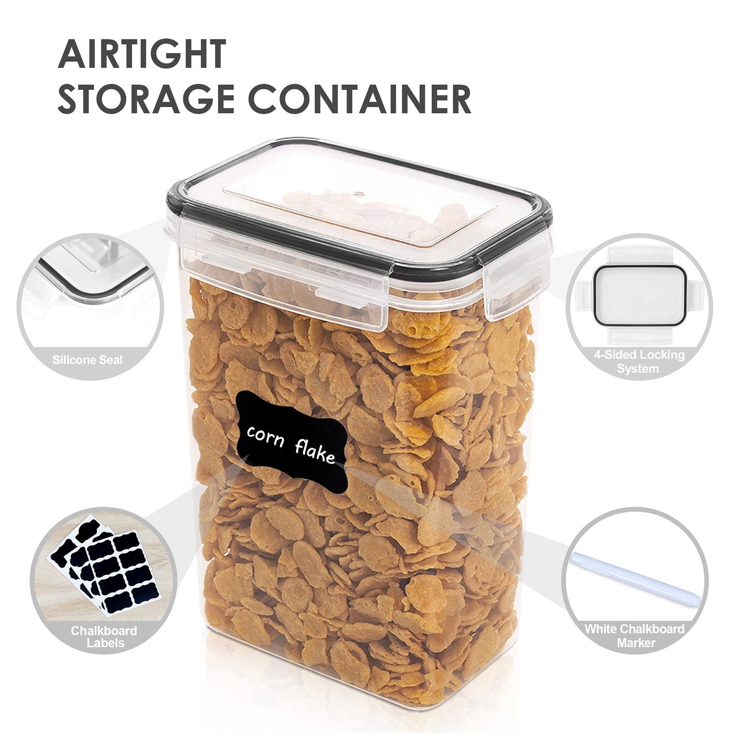 Vtopmart 2L Storage Container Set, Cereal Dispenser & Food Storage Containers, BPA free plastic, airtight, dry food storage container, set of 9, 24 labels for grains, flour, sugar, etc. (Black)