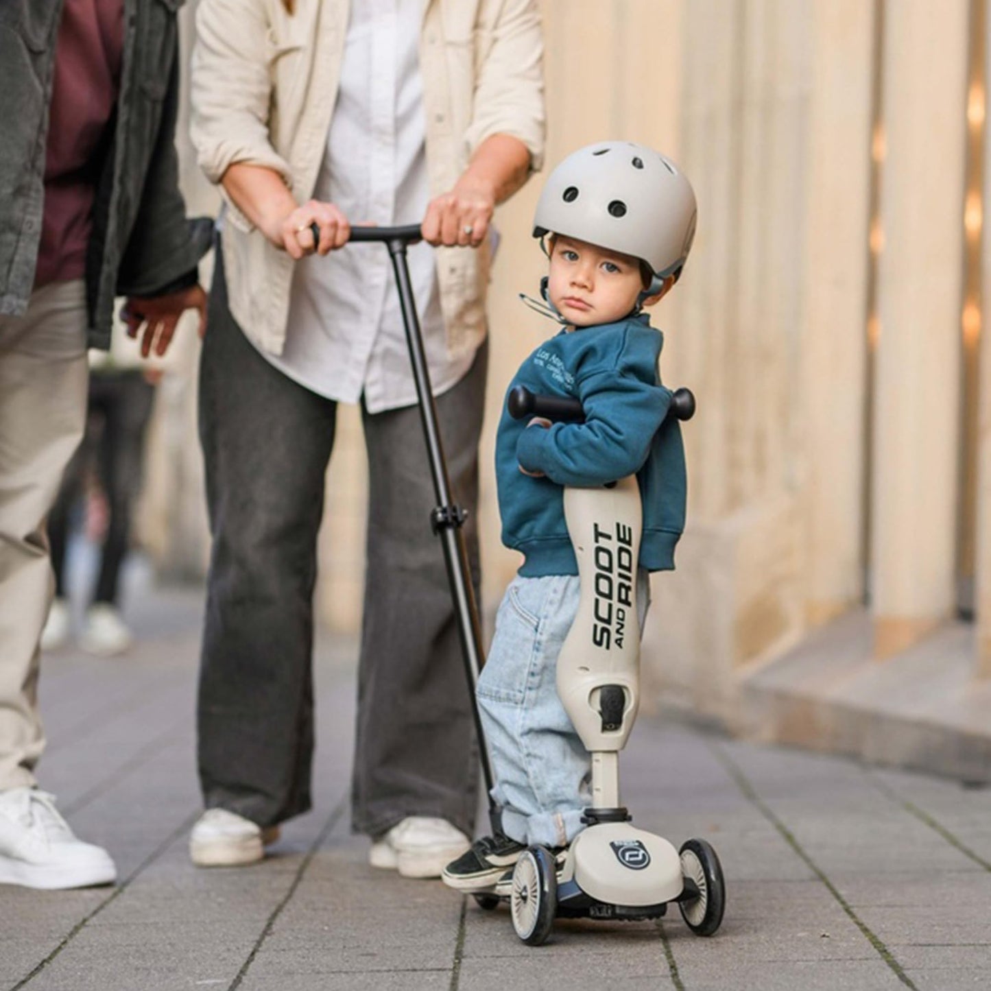 Scoot & Ride Highwaykick 1 Push and Go - 2in1 scooter & balance bike with push bar, adjustable height, for ages 1+, includes safety pad & footrests, color: Ash.