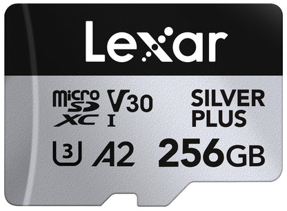 Lexar Silver Plus 256GB microSD card with up to 205MB/s, MicroSDXC UHS-I flash memory card with adapter, C10, U3, A2, V30, full HD, 4K UHD, high speed TF card for drone, action camera, handheld consoles.