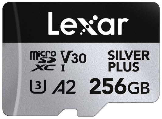 Lexar Silver Plus 256GB microSD card with up to 205MB/s, MicroSDXC UHS-I flash memory card with adapter, C10, U3, A2, V30, full HD, 4K UHD, high speed TF card for drone, action camera, handheld consoles.
