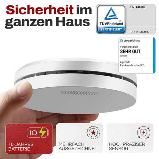 ALPENLUFT Smoke Detector 10 Year Battery, Flat Fire Alarm, Smoke Alarm, Fire Alarm | No Drilling, No LED Blinking - Smoke Fire Safety Fire Alarm 3 Pack