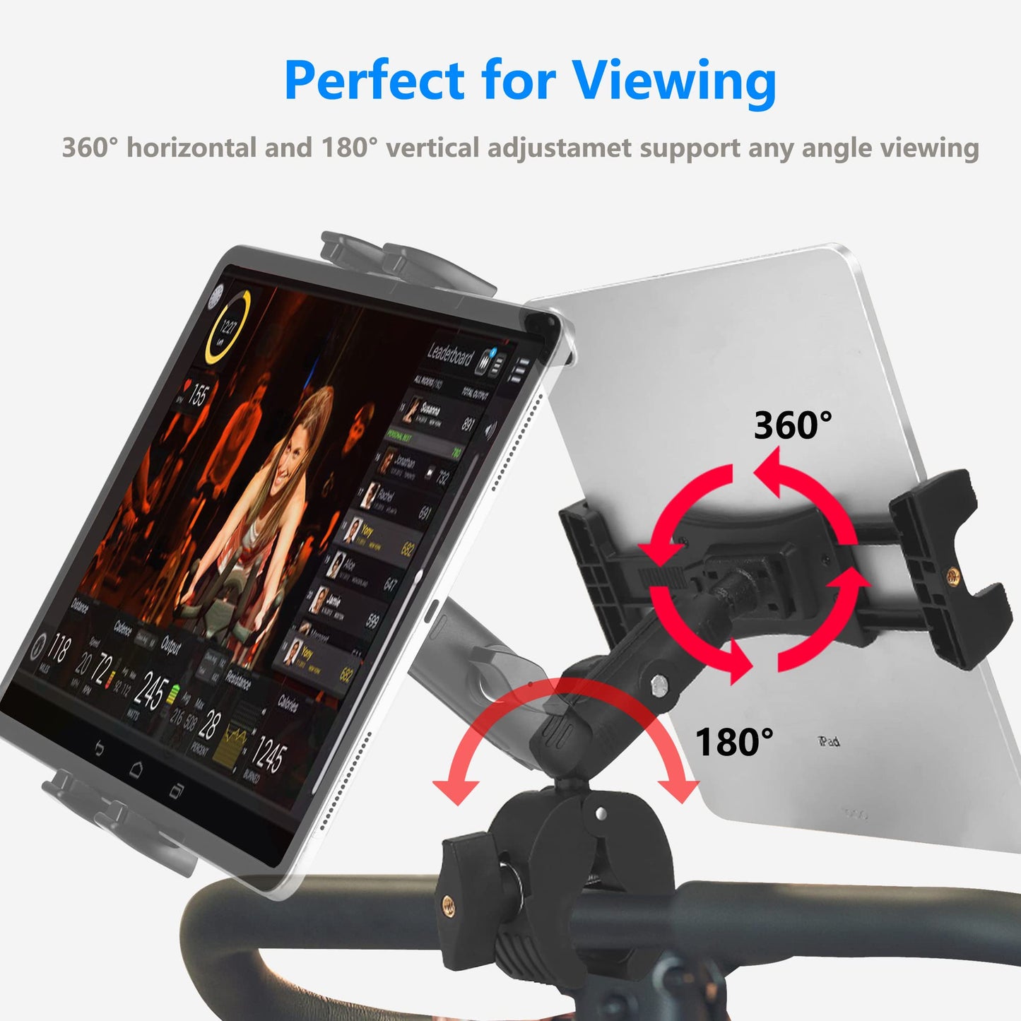 Treadmill tablet iPad holder, bike handlebar mount clamp for stationary bike, elliptical, spin bike, Peloton, stroller for 4-13 inch devices, iPad Pro 12.9, Air, Mini, Galaxy Tabs, iPhone
