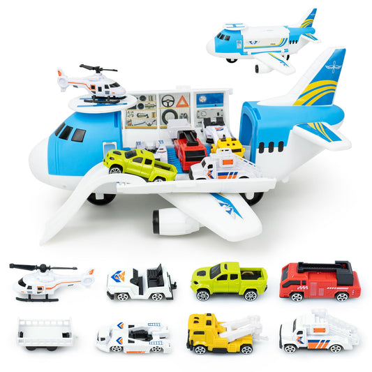 RedCrab airplane playset, transport airplane toy with car, helicopter, and ramp. Children's vehicle learning toy, toy car set, gift for kids ages 3 and up.