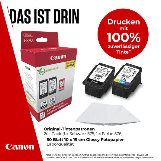 Canon ink cartridges & paper multipack - PG-575/CL-576 Original printer cartridges 2 pack (1 x black, 1 x color) & 4x6 photo paper (50 sheets)
