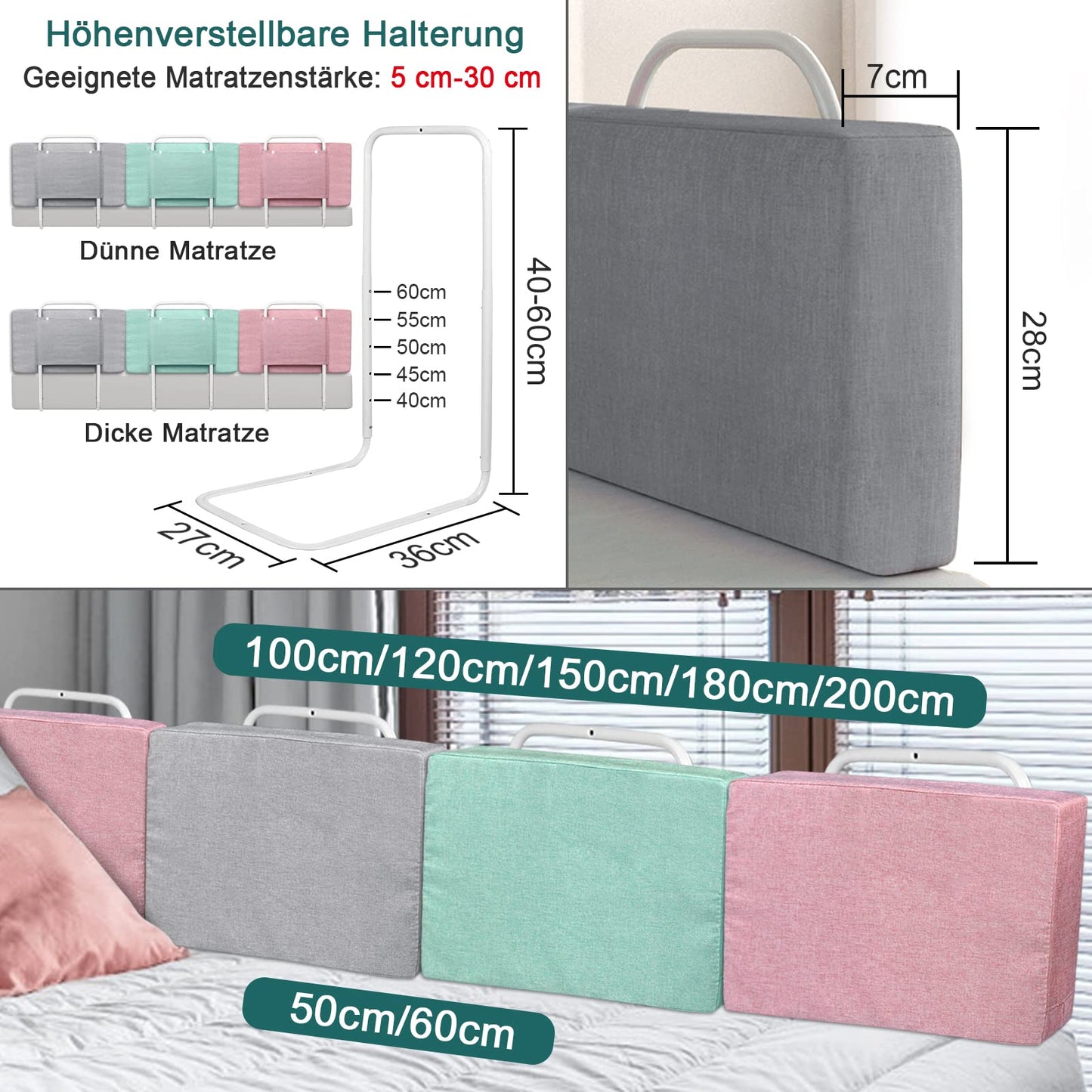 UISEBRT Bed Rail Bed Guard for Kids 60cm 5-Position Adjustable - Bed Rail Guard for Kids, Children Bed Rail for Co-Sleeping and Toddler Bed (60cm, Green Lake)