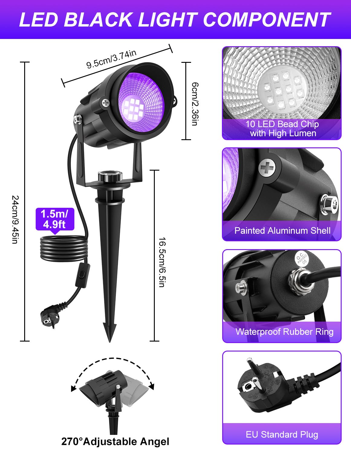 NATPOW UV Blacklight Lamp, Blacklight Bulb with Plug for Indoor Outdoor Use, Fluorescent Ultraviolet Ray Blacklight Party Light for Halloween Aquarium Bar Disco (2 Pieces)