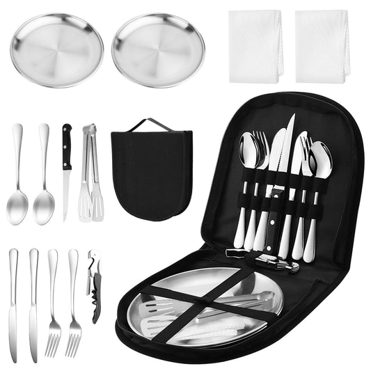 Camping tableware set for 2 people, 14 pieces, picnic set, stainless steel outdoor tableware for camping, picnicking, grilling, and hiking.