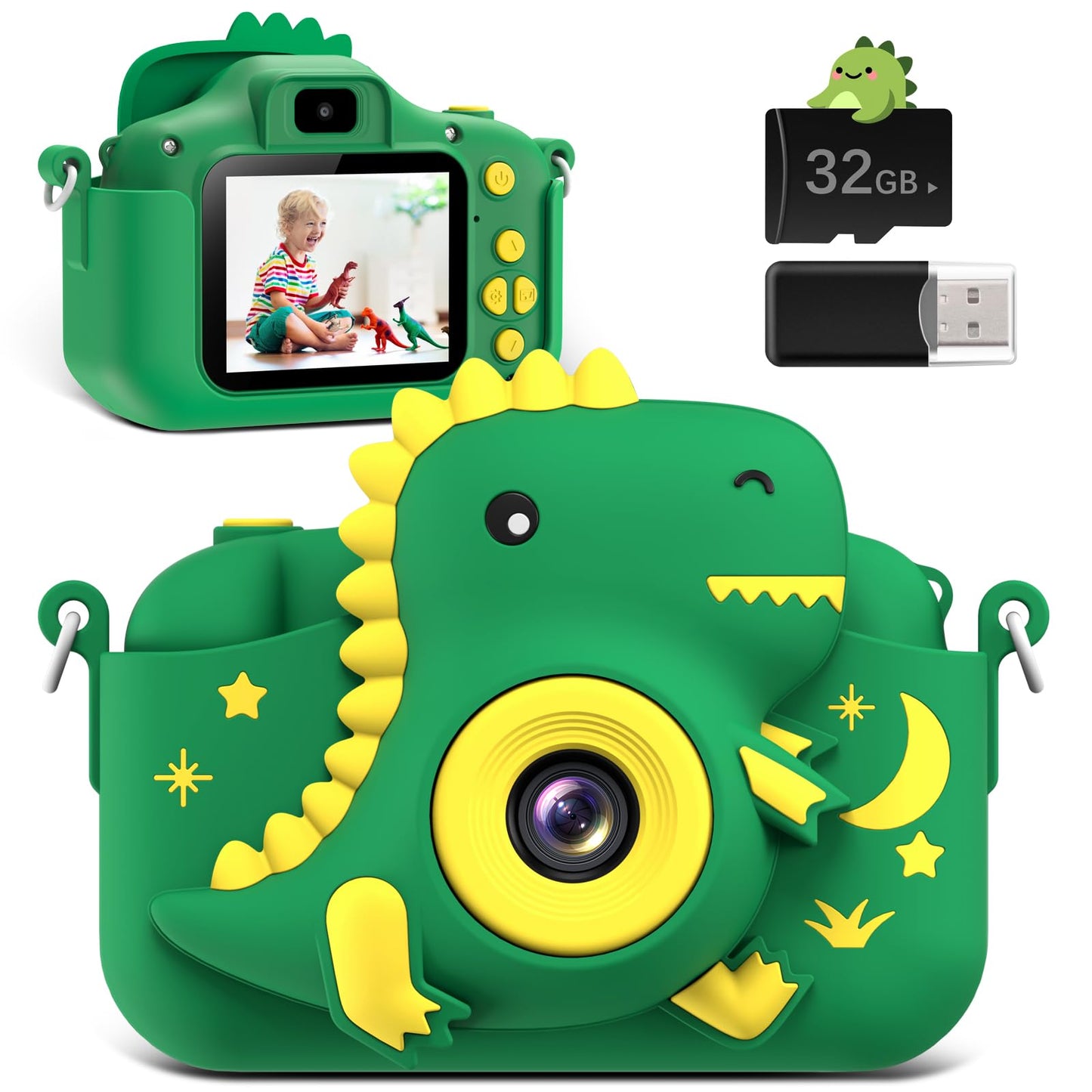 GREENKINDER Kids Camera, 2.0" Screen Children's Camera with 32GB Card, 20MP & 1080P HD Selfie Digital Camera for Kids, Dinosaur Gifts for 3-12 Year Old Boys and Girls