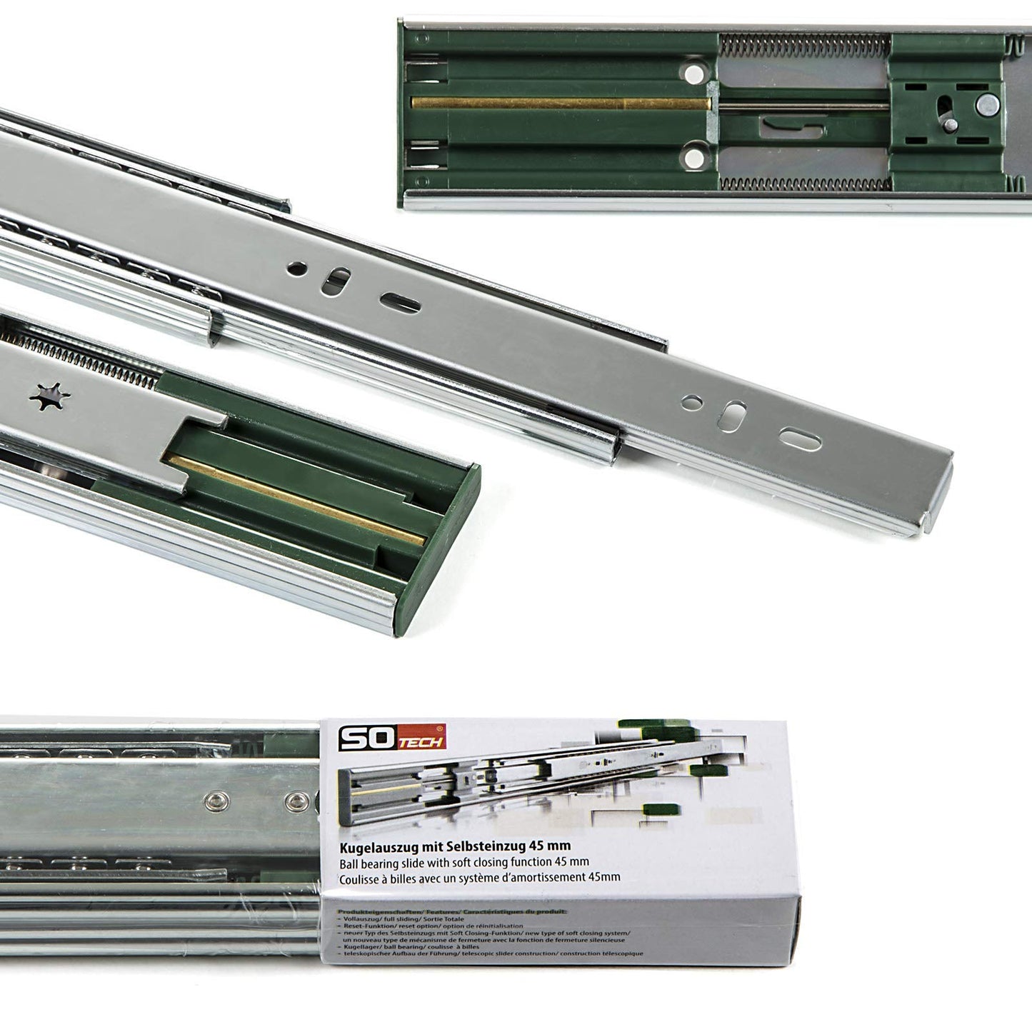 SOTECH 2 pairs of full extensions KV2-45-H45-L600-SC with SoftClosing. Height 45 mm, length 600 mm, drawer slide capacity up to 45 Kg.