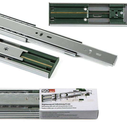 SOTECH 2 pairs of full extensions KV2-45-H45-L600-SC with SoftClosing. Height 45 mm, length 600 mm, drawer slide capacity up to 45 Kg.