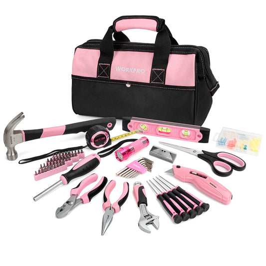 WORKPRO Pink Tool Set Pink Tool Box 106-piece Household Tool kit Repair including bag with wide opening 34cm Ideal Gift for DIYers