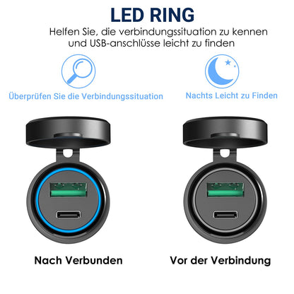 30W PD USB C socket adapter for BMW motorcycle DIN Hella EU plug: PD & QC 3.0 USB socket waterproof cigarette lighter charger for 12-24V boat truck caravan Ducati Triumph