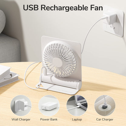 JISULIFE Small Desk Fan, Mini Portable Rechargeable USB Small Fan, 160° Foldable with 4500mAh, Extremely Quiet, 4 Speeds Desk Fan for Office, Home, Camping-White