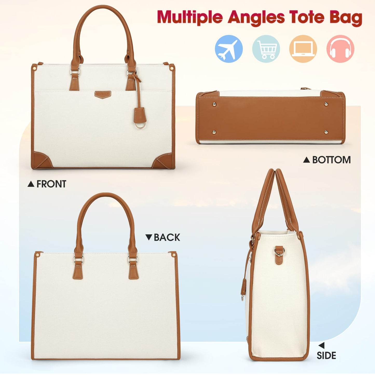 IGOLUMON handbag women canvas laptop bag 15.6 inch shopper women large laptop tote bag women work bag notebook bag office bag for office school travel, brown