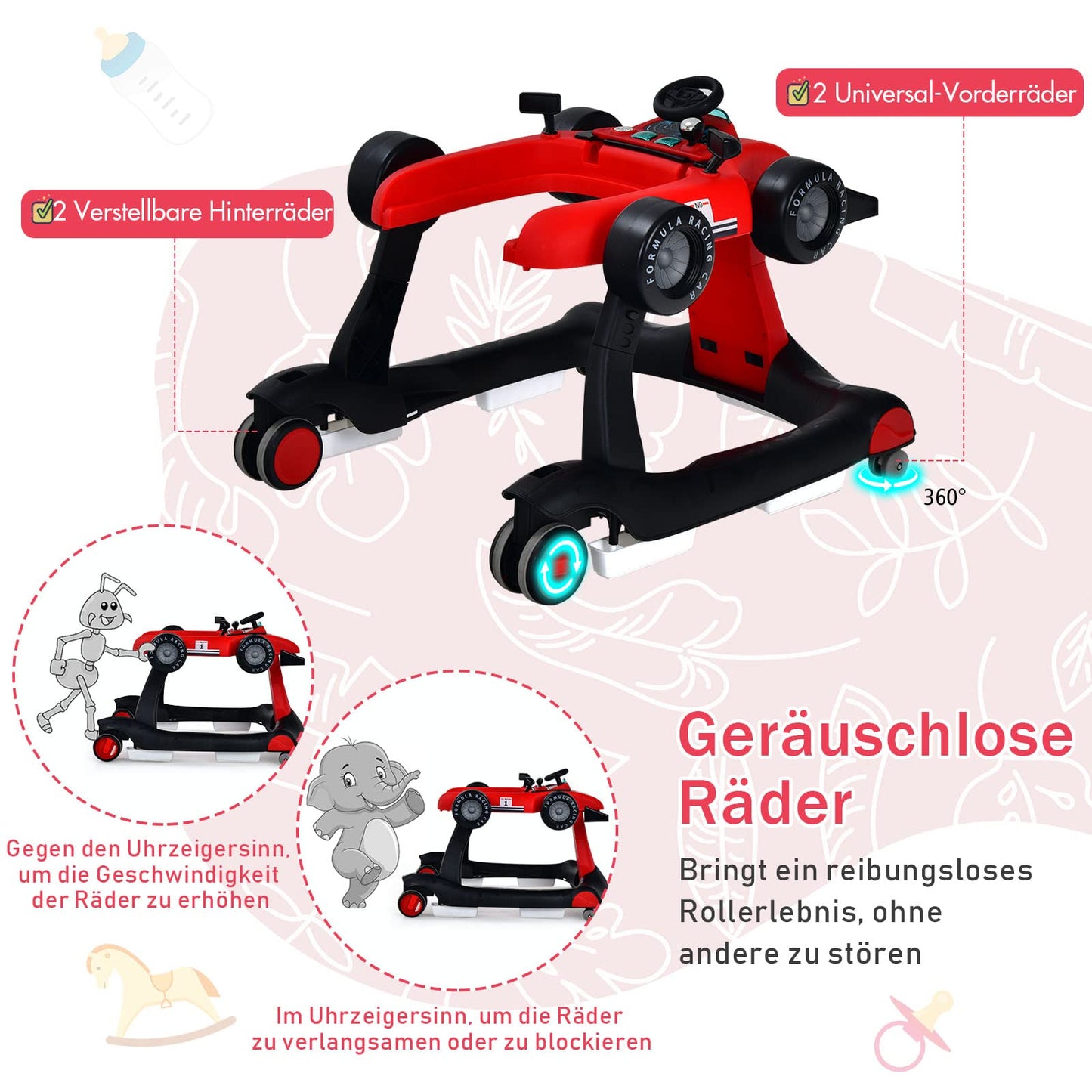 COSTWAY 4 in 1 baby walker, foldable with adjustable height & speed, car-shaped with music box, lights & wheels, baby walker for up to 6 months old babies, can support up to 12kg (Red)