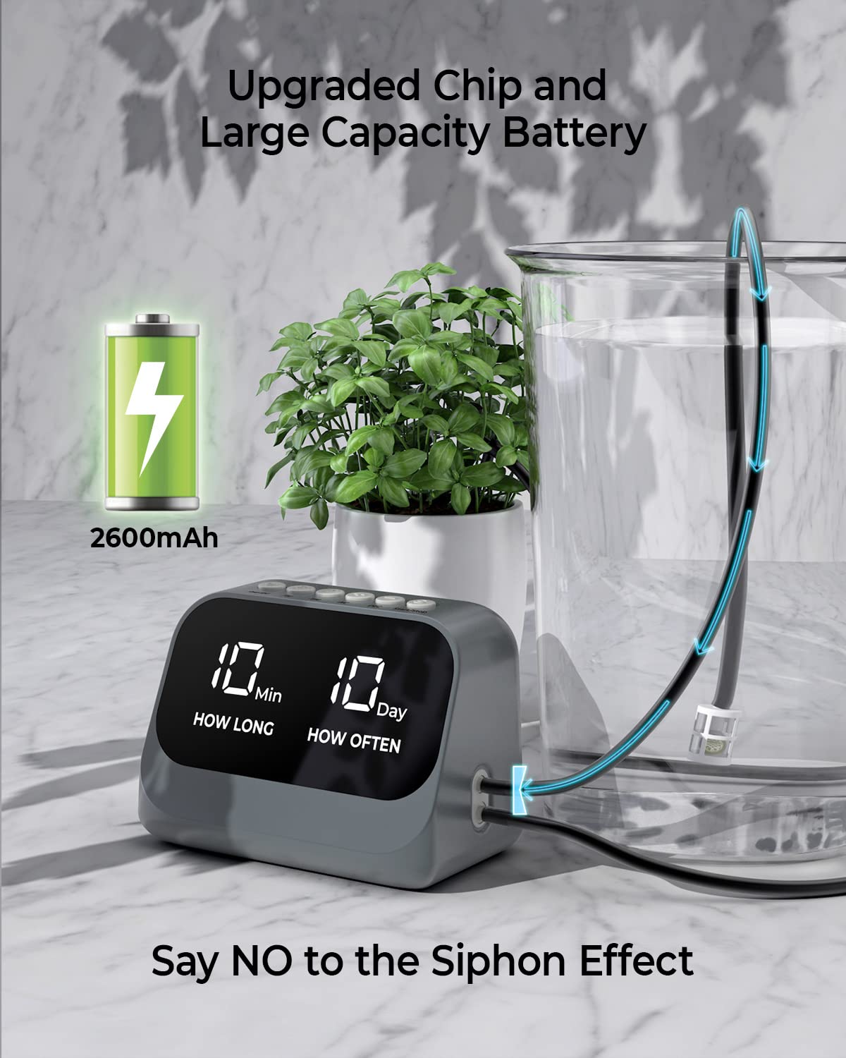 Automatic irrigation system for potted plants, DIY drip irrigation kit with programmable timer, waterproof LED display, and high-capacity battery, gray