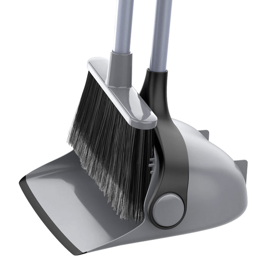 MR.SIGA Broom and Dustpan Set with long handle, stand-up broom with dustpan for floor cleaning, lightweight broom set for indoor and outdoor use, 51.7" long handle, Gray.