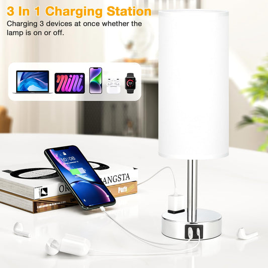 Kakanuo bedside lamp with touch dimming, table lamp with USB A+C+socket charging function, lampshade made of linen fabric, lamp for bedside living room bedroom children's room office (includes bulb)