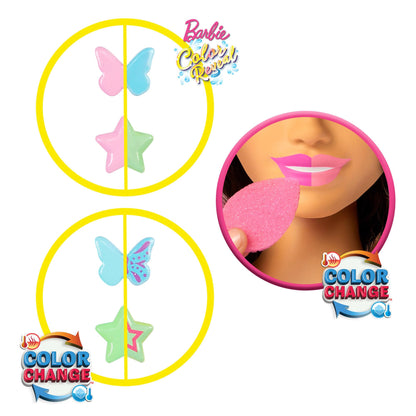 Barbie Styling Head with dark brown hair comes with over 20 styling accessories including stars, butterflies, and color-changing hair clips, JFG82.
