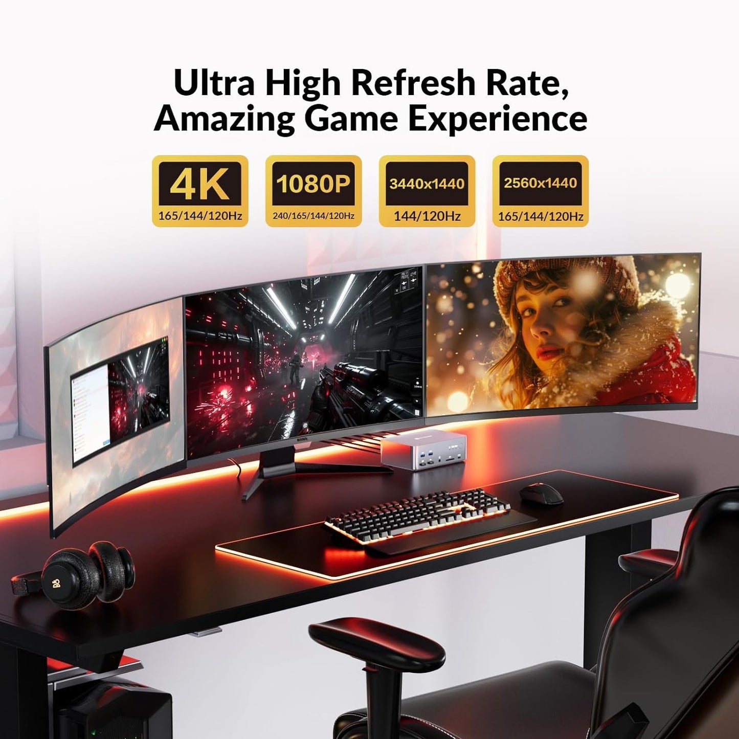 AV Access KVM Switch for 2 PCs and 3 monitors with 8K@60Hz resolution. Includes 6 DP cables, DisplayPort 2.0, 1G Ethernet, USB 3.0, and docking station for 3 monitors. Supports 4K@165/144Hz and 2K@144Hz (Desktop only).