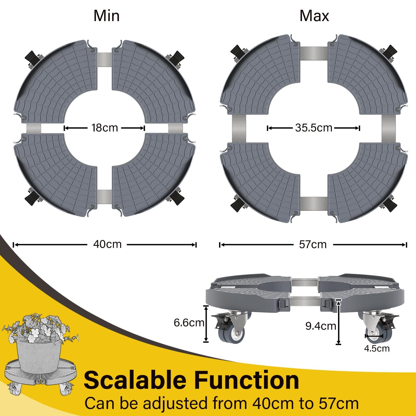 WELDUN plant roller Ø 40-54 cm, dolly 200KG load capacity, saucer flower pot with lockable casters, flower roller for outdoor indoor, 2 pack, gray
