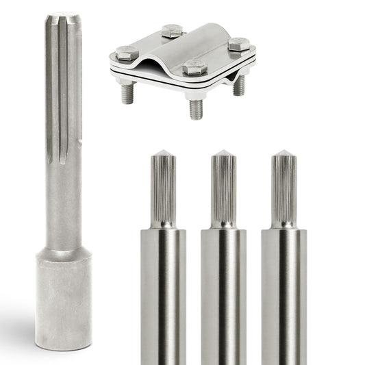 GRAFT grounding rod set made of V4A stainless steel | 3x1m grounding rods | 20mm diameter | Includes SDS-Max driver & connection clamp | Lightning protection for PV system | Grounding | House grounding | Grounding spike