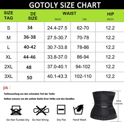 Gotoly waist trimmer fitness belt helps with fat burning and waist shaping. Made of adjustable neoprene material, it's perfect for women looking to sweat and trim their waist size.